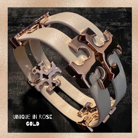 🆕Tory Burch Authentic Serif T Stacked Leather Sand Rose Gold Wrap Bracelet - Picture 1 of 11